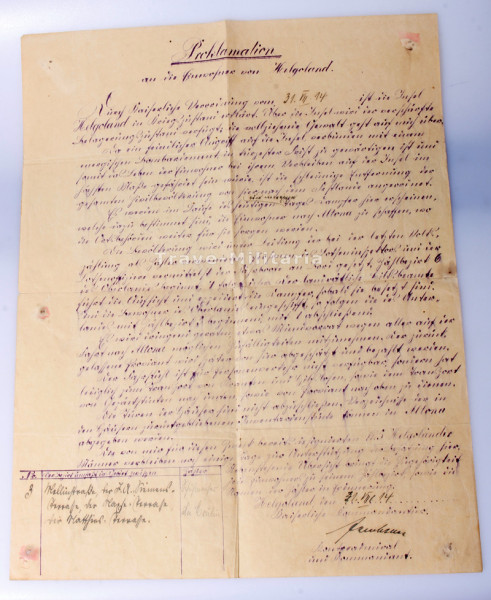 Proklamation an die Einwohner von Helgoland 1914