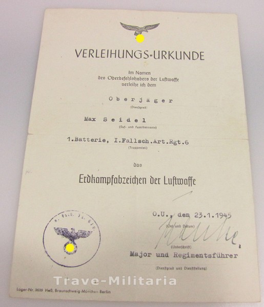 Urkunde Erdkampfabzeichen Fallschirm- Art. - Regiment 6