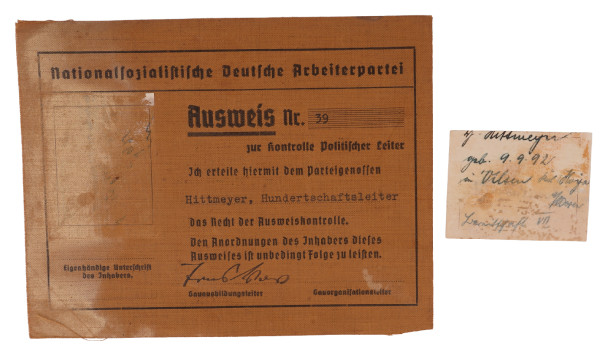 NSDAP Ausweis zur Kontrolle Politischer Leiter Nr. 39 Hittmeyer