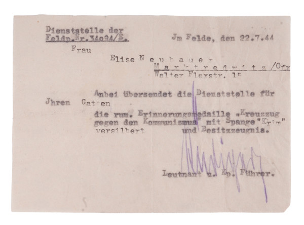 Übersendungsschreiben rum. Erinnerungsmedaille gegen den Kommunismus u. Spange Krim