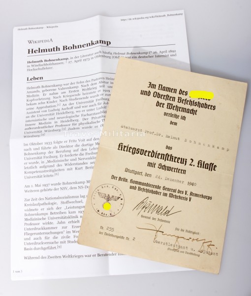 Urkunde Kriegsverdienstkreuz 2. Klasse mit Schwertern Bohnenkamp