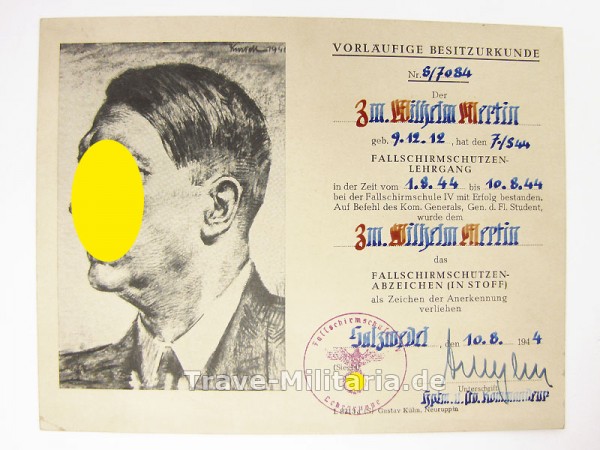Vorläufige Besitzurkunde zum Fallschirmschützenabzeichen in Stoff
