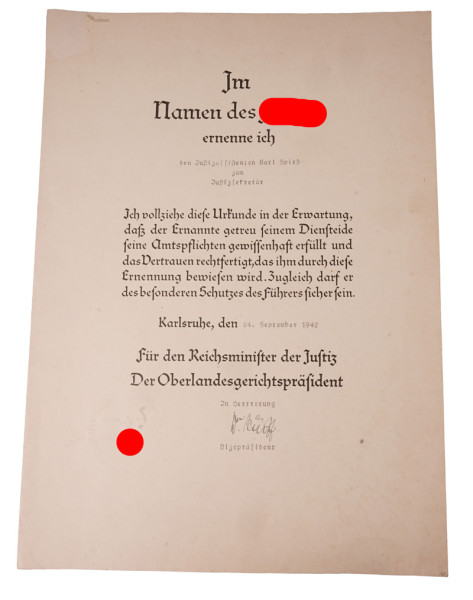 Ernennungsurkunde Justizsekretär Spieß