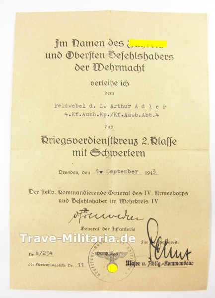 Urkunde Kriegsverdienstkreuz 2. Klasse mit Schwertern Wehrkreis IV