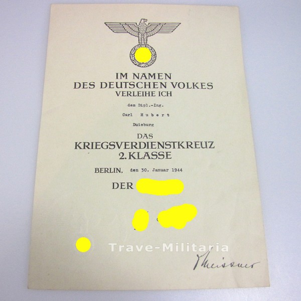 Urkunde Kriegsverdienstkreuz 2. Klasse Din A4