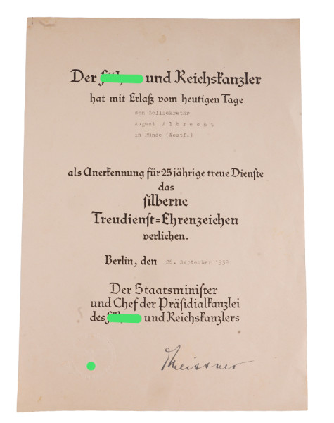 Urkunde silbernes Treuedienst-Ehrenzeichen Zollsekretär Albrecht