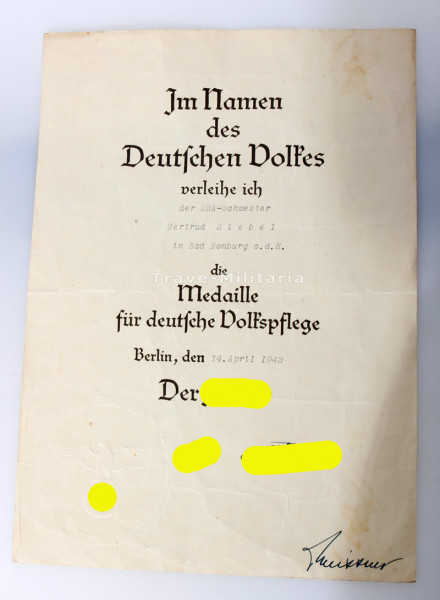 Urkunde Medaille für deutsche Volkspflege DRK- Schwester Diebel