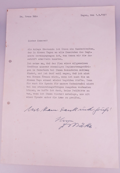 Brief Dr. Franz Bäke 1951 an Rgts.-Kameradschaft Pz.Rgt.11