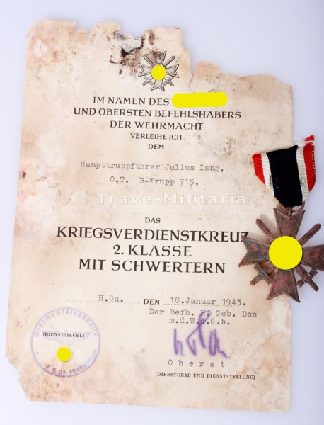 Urkunde Kriegsverdienstkreuz mit Schwertern - Organisation Todt