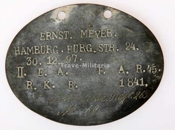 Erkennungsmarke 1.Weltkrieg Ernst Meyer Diverse Einheiten