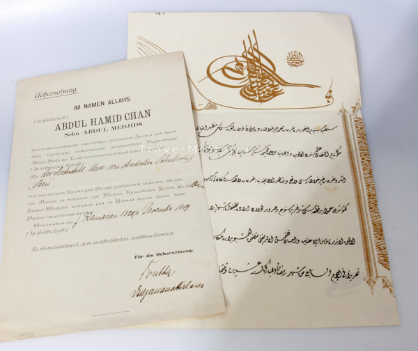 Osmanisches Reich Urkunde silberne Liakatmedaille Seekadett Hesse