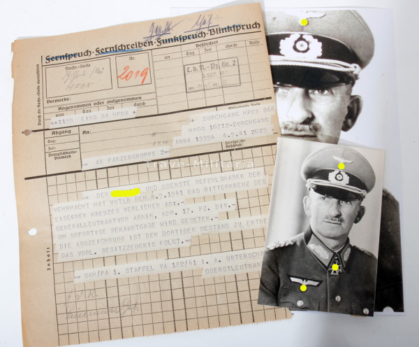 Fernschreiben Ritterkreuzverleihung Generalleutnant von Arnim
