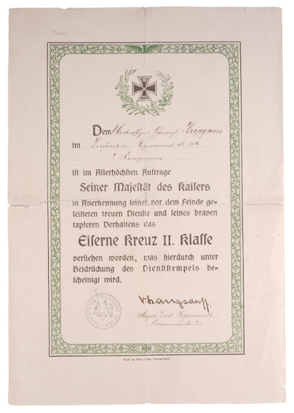 Urkunde Eisernes Kreuz 2. Klasse Kripgans Infanterie-Regiment No. 184