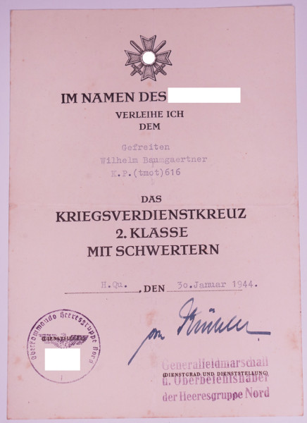 Urkunde Kriegsverdienstkreuz 2.Klasse mit Schwertern Baumgärtner