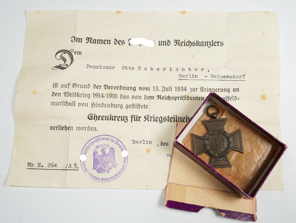 Ehrenkreuz für Kriegsteilnehmer mit Urkunde Haberichter