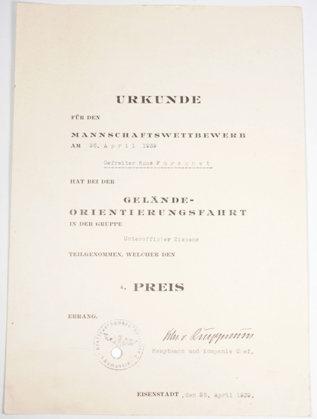 Urkunde Gelände-Orientierungsfahrt 4.Preis Porsche