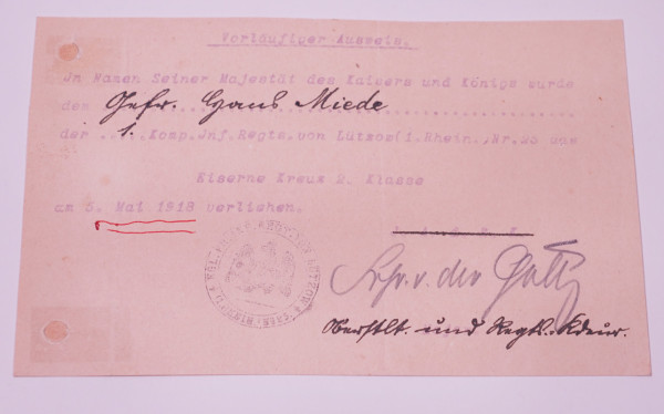 Vorläufiger Ausweis Eisernes Kreuz 2.Klasse Miede I.R. von Lützow Nr.25