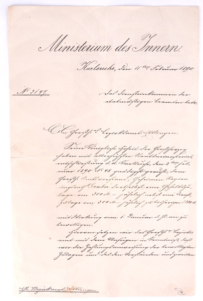 Schreiben des Ministerium des Innern, Karlsruhe 1890 "Diensteinkommen der Beamten"