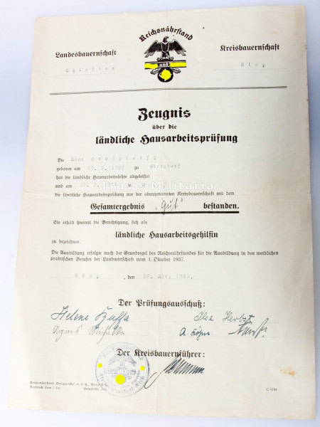 Zeugnis Reichsnährstand Landesbauernschaft Schlesien