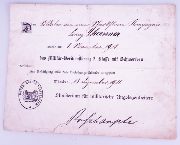 Urkunde Bayern Militär-Verdienstkreuz 3. Klasse mit Schwertern