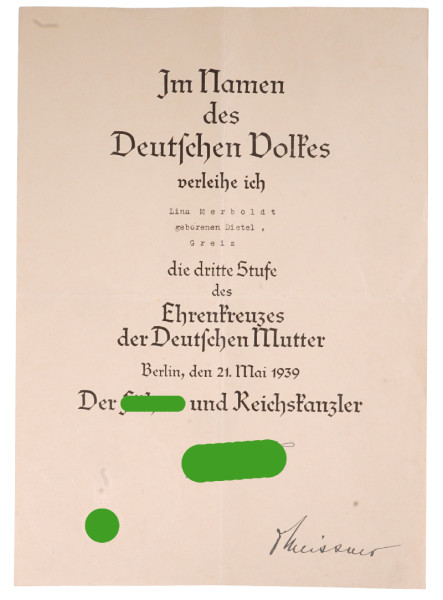 Urkunde Ehrenreuz der Deutschen Mutter in Bronze Merboldt, Greiz