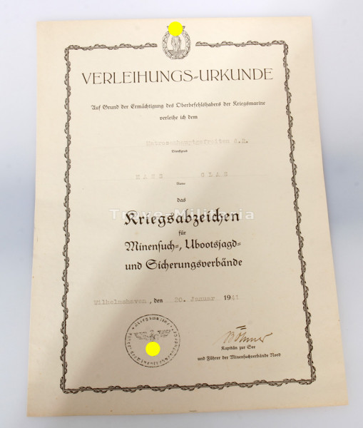 Urkunde Kriegsabzeichen für Minensuch-, Ubootjagd- und Sicherungsverbände