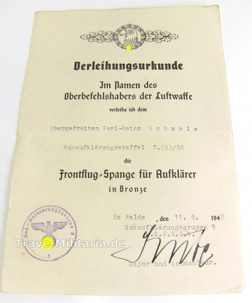 Verleihungsurkunde Frontflugspange zum Aufklärer in Bronze