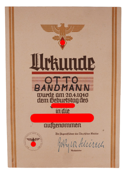Hitler-Jugend Aufnahmeurkunde Bandmann