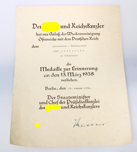 Urkunde Medaille zur Erinnerung an den 13. März 1938 Patzwaldt