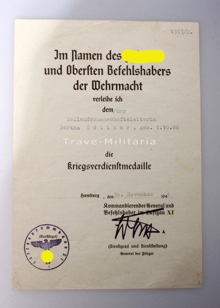 Urkunde Kriegsverdienstmedaille an Zellenfrauenschaftsleiterin