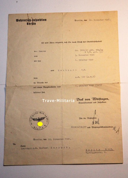 Beförderungsschreiben zu Leutnant 1941
