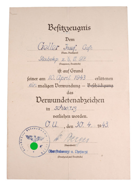 Besitzzeugnis Verwundetenabzeichen in Schwarz Geller Stbskp. z.b.V. 97