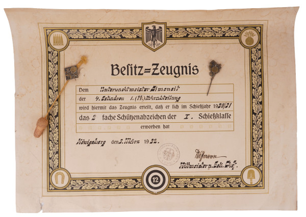 Besitz-zeugnis 2. fache Schützenabzeichen Simoneit 1. (Pr.) Fahrabteilung