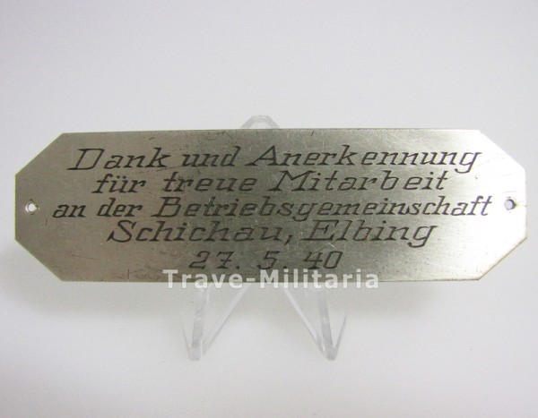 Plakette für treue Mitarbeit BG Schichau-Werf, Elbing 1940