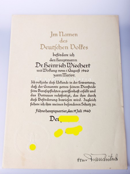 Urkunde Beförderung zum Major des Heeres 1940