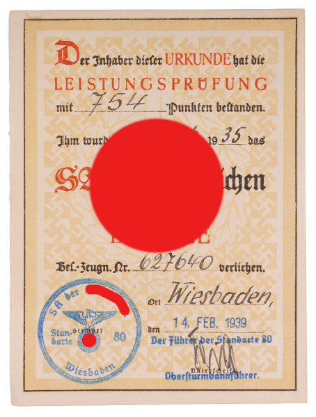 Urkunde SA-Sportabzeichen in Bronze Nr. 627640 1939
