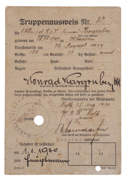 Truppenausweis Oberkommando der Wehrmacht Obltn i.d.R.z.V. Kargruber