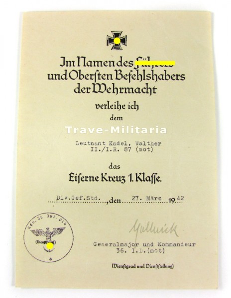 Urkunde Eisernes Kreuz 1. Klasse I.R. 87 (mot)