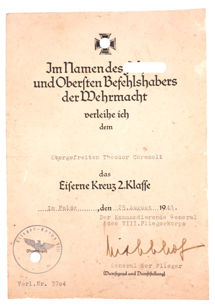 Urkunde Eisernes Kreuz 2. Klasse Caremoli Luftwaffe