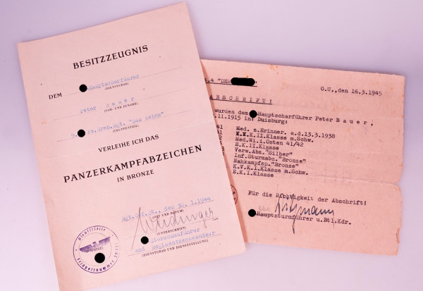 Urkunde Bauer Panzerkampfabzeichen in Bronze SS-Pz. Gren. Rgt. ``Das Reich´´