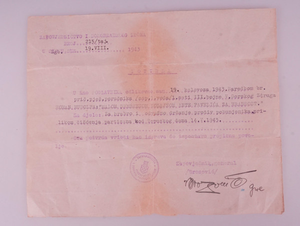 Urkunde Kroatien Silberne Ante Pavelic-Medaille 1943