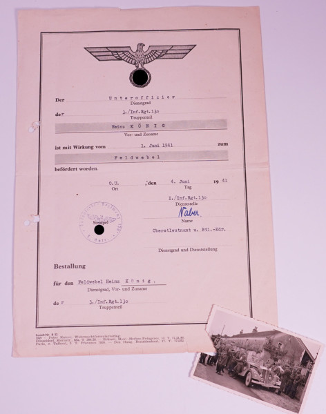 Bestallung Feldwebel König 1./Inf. Rgt. 130