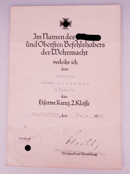 Urkunde Eisernes Kreuz 2. Klasse Lorenzen Gren.Rgt.410