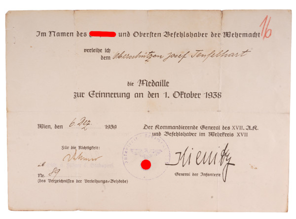 Urkunde Medaille zur Erinnerung an den 1. Oktober 1938 Teufelhart