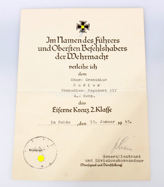 Urkunde Eisernes Kreuz 2. Klasse Hadler Gren. Regt. 257