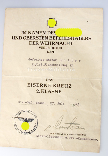 Urkunde Eisernes Kreuz 2. Klasse Ritter lei. Flakabteilung 75