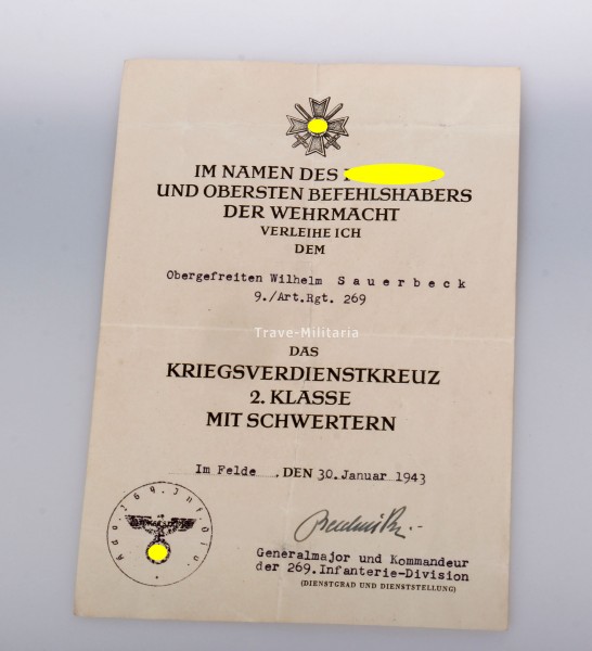 Urkunde Kriegsverdienstkreuz 2. Klasse mit Schwertern