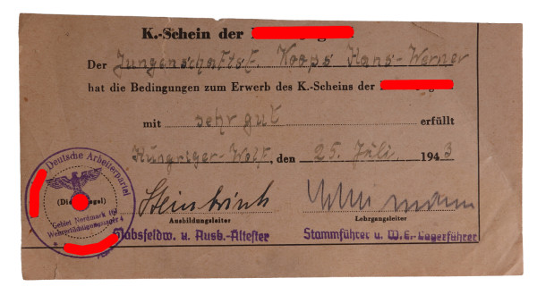 K.-Schein der Hitler-Jugend Koops Wehrertüchtigungslager 4