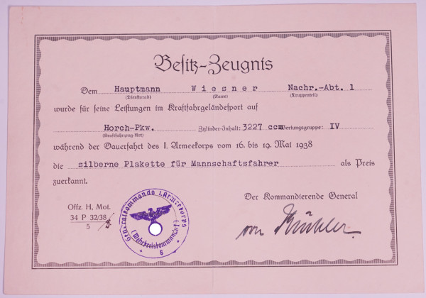 Besitzzeugnis silberne Plakette für Mannschaftsfahrer Wiesner