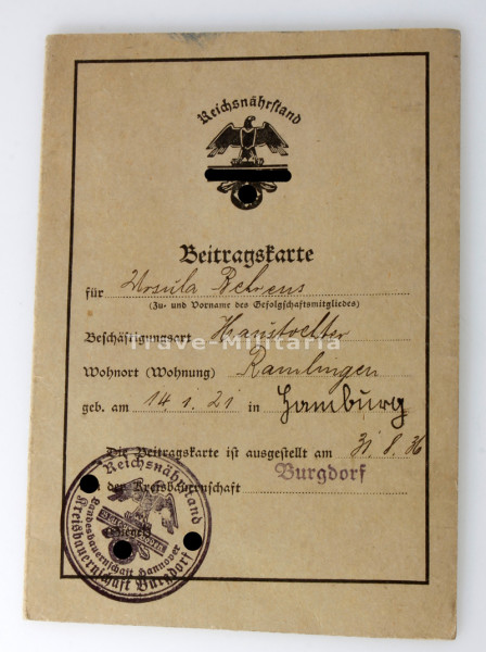 Reichsnährstand Beitragskarte Ursula Behrens